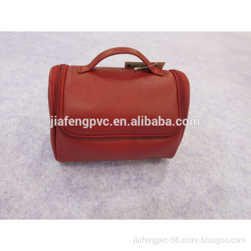 Red PU case with handle for cosmetics packing with logo deboss